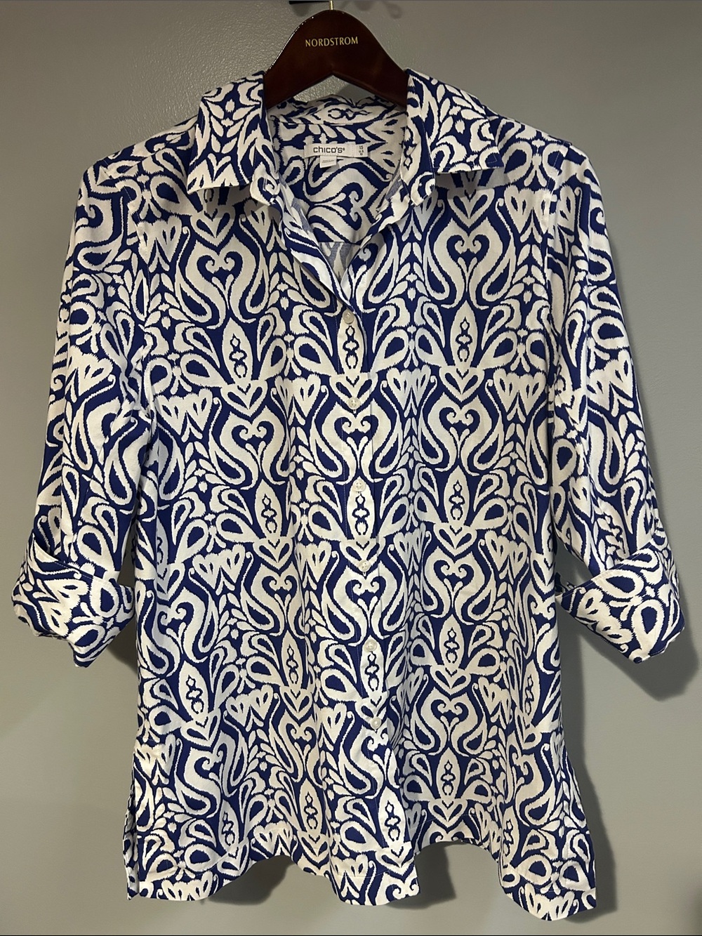 Chico's Blue and White Printed Button-Down Shirt